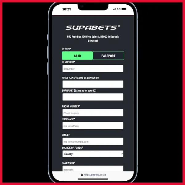 Registration page on Supabets. Fields include ID number, name, surname, phone number, username, email, source of income and password. 