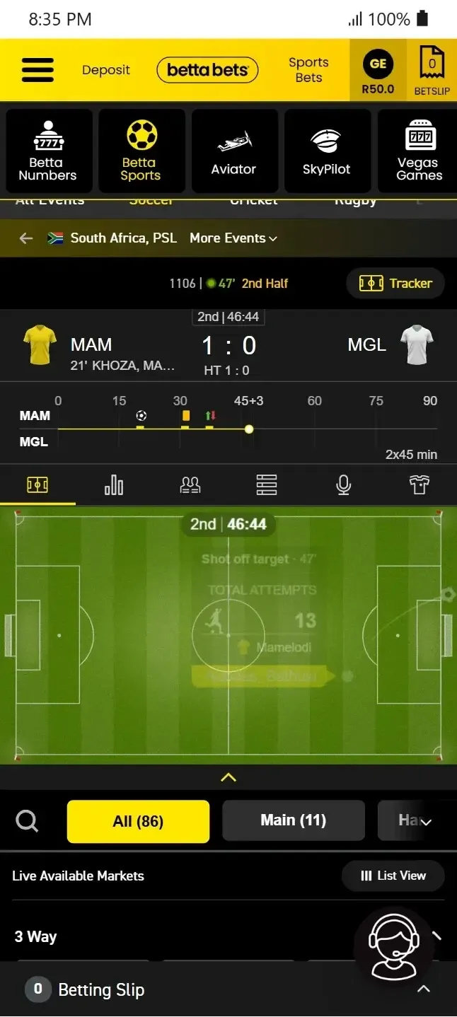 Second half of PSL match between Mamelodi Sundowns vs Marumo Gallants showing animated 2D match-tracker.