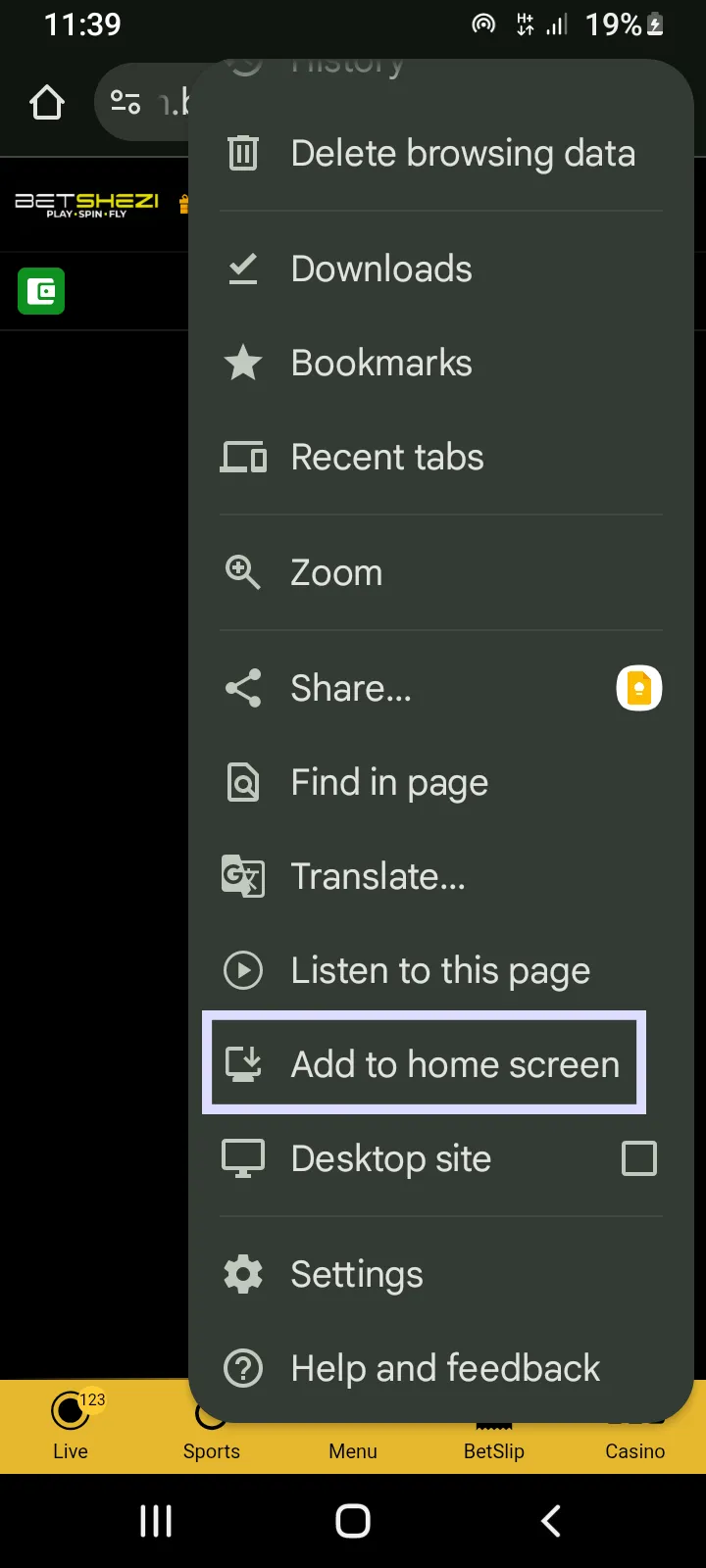 Screenshot showing how to Save Betshezi to Homescreen