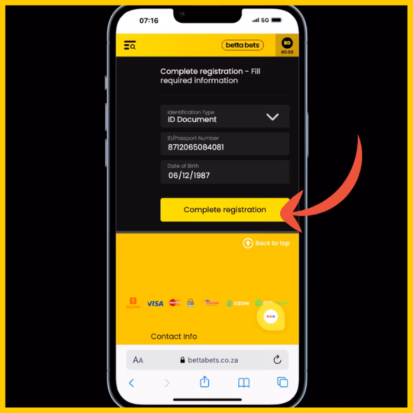 Red arrow pointing to Complete Registration button on the official Bettabets site