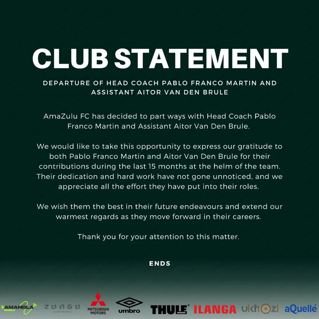 AmaZulu statement on sacking coach Pablo Franco