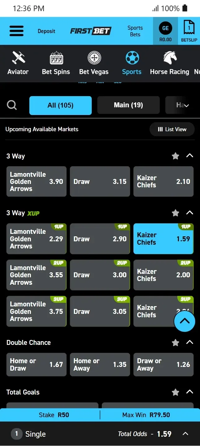 Firstbet match betting menu showing 3 Way and 3 Way XUP early payout odds options for Lamontville Golden Arrows vs Kaizer Chiefs.