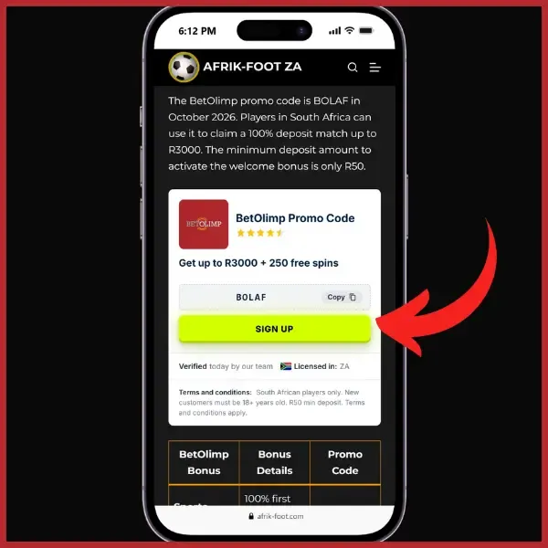 Sign up with Betolimp coupon with red arrow pointing to the sign up button.