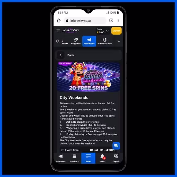 Jackpot City Weekends promotional page on mobile stating that users must deposit and bet R50.