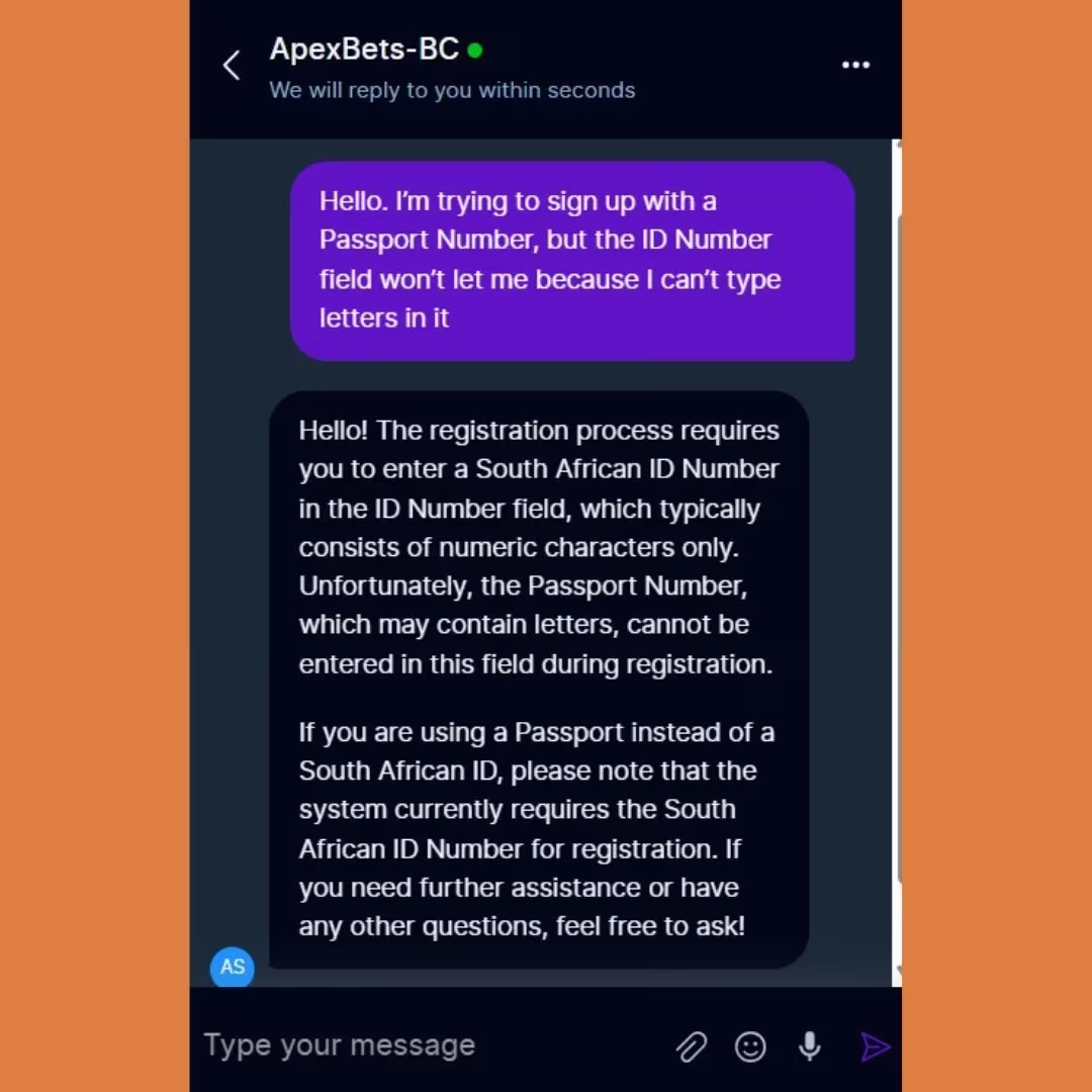 Apexbets Live Chat test part 1 asking about lack of passport option for sign up and receiving detailed bot response.