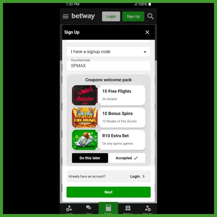 Sign up form with field for Betway sign up code SPMAX ad welcome pack offer: 10 free flights, q0 bonu spins and R10 extra bet.