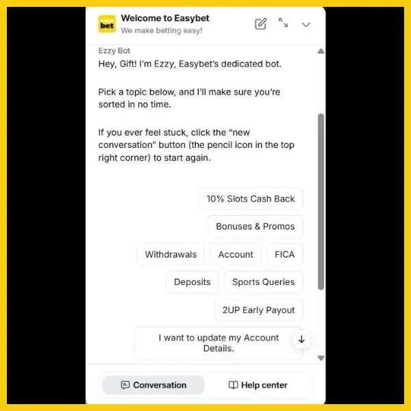 Easybet 24/7 Live Chat showing interaction with a bot.
