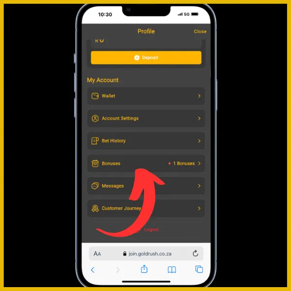 Red arrow pointing to Bonuses section on the Goldrush site