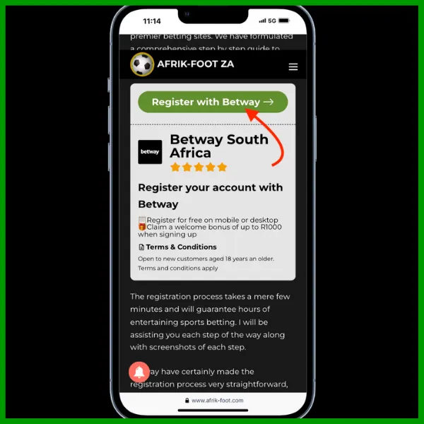 betway registration step 1, click on the register button