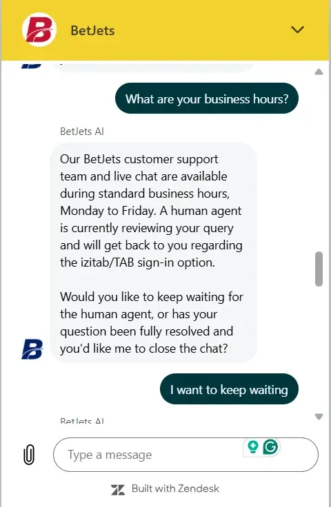 Query about BetJets business hours