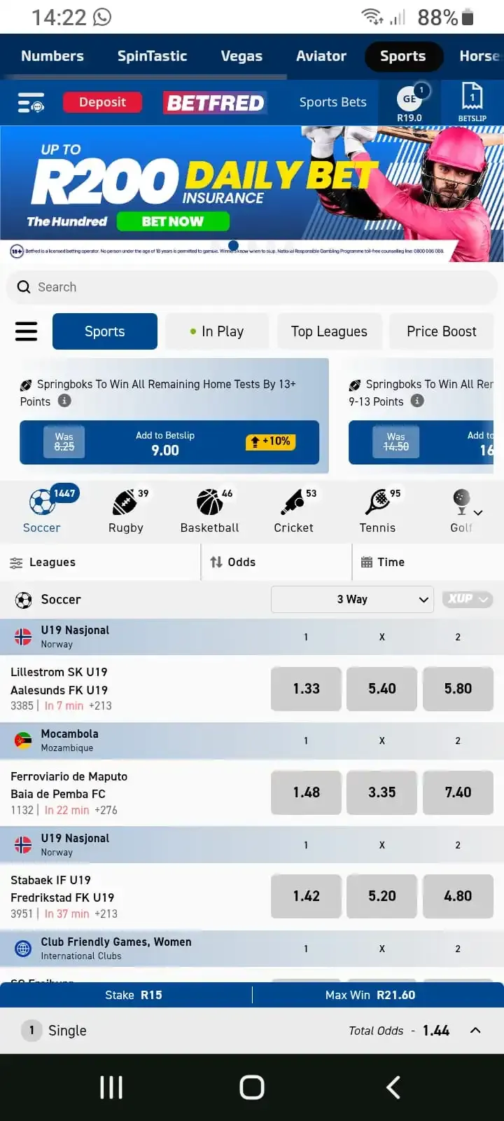 Betfred sportsbook as shown on the mobile progressive web app.