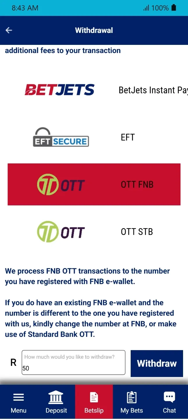 Betjets App Withdrawal page showing OTT SMS Voucher options for FNB and Standard Bank