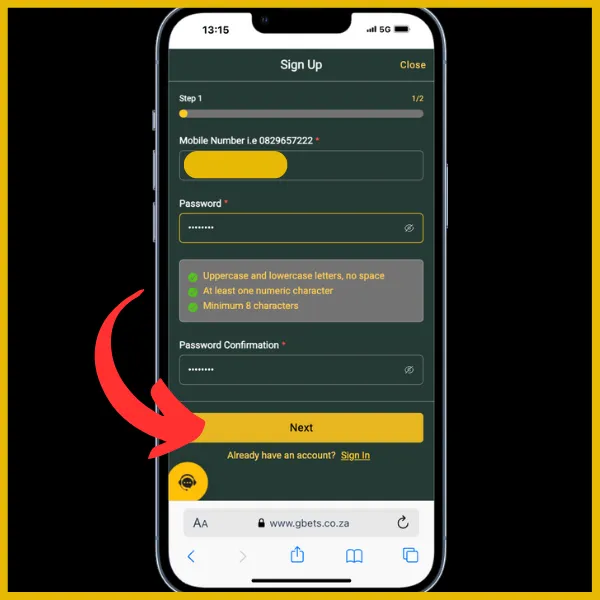 Gbets registration process. Red arrow pointing to Next to continue process. 