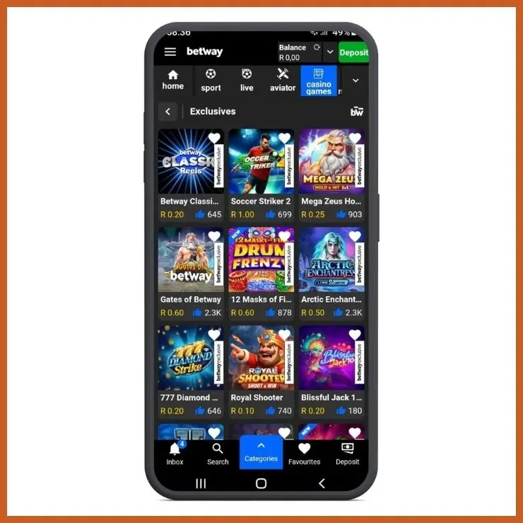 Screenshot from Betway app showing exclusive games catalogue in the Casino section.