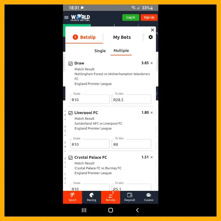 WSB mobile app betslip