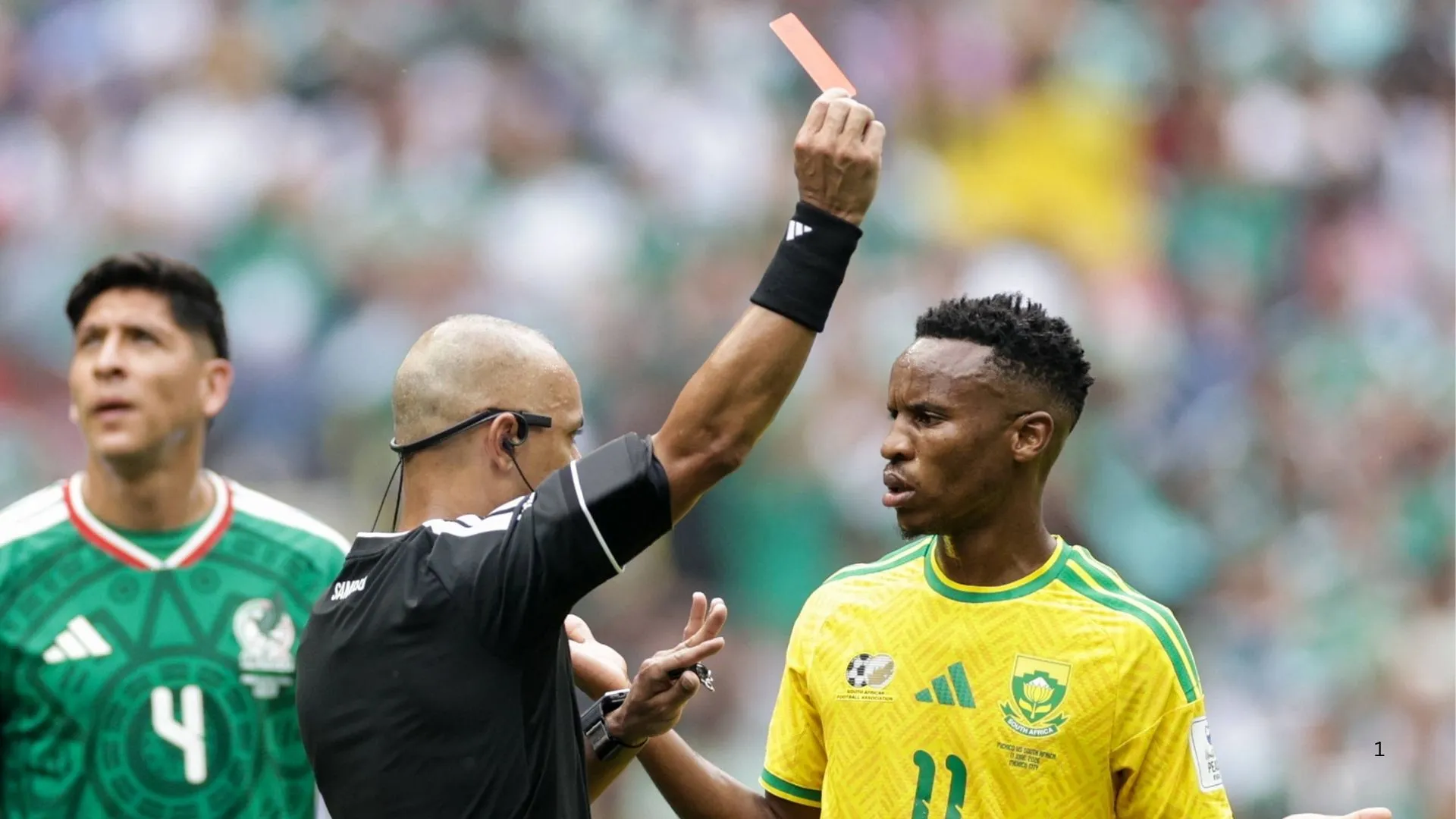 Themba Zwane when he received a straight red card against Mexico.