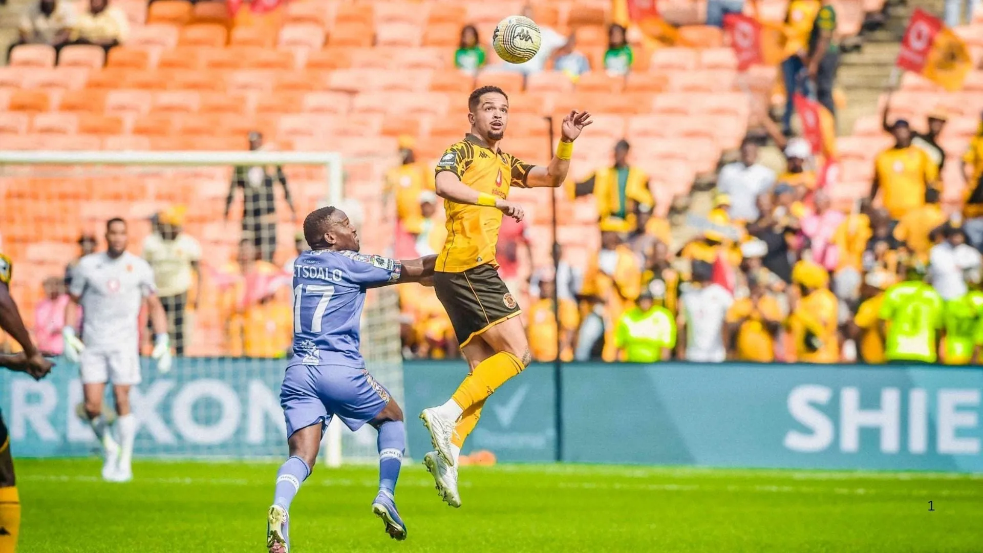 Aden McCarthy of Kaizer Chiefs heads the ball against TS Galaxy.