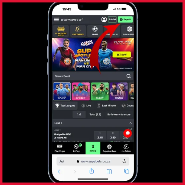 Supabets Mobile Site - red arrow pointing to the green deposit button. 