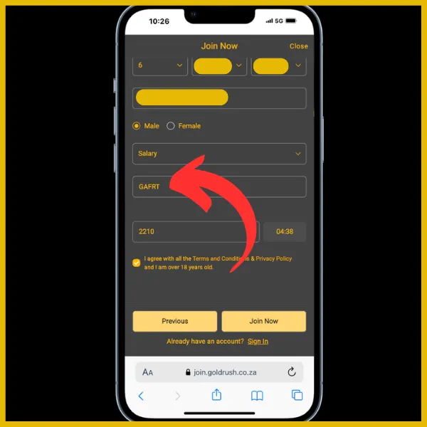 Goldrush registration form with a red arrow pointing to promo code field where GAFRT is to be entered.