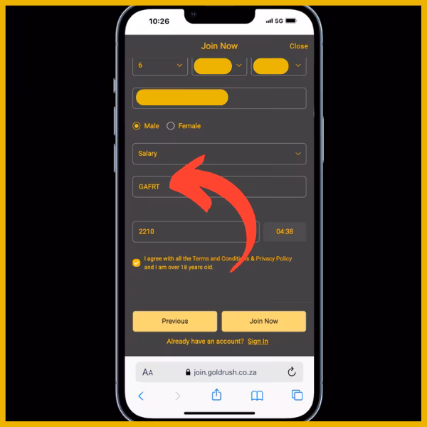 Goldrush registration form with a red arrow pointing to promo code field where GAFRT is to be entered.