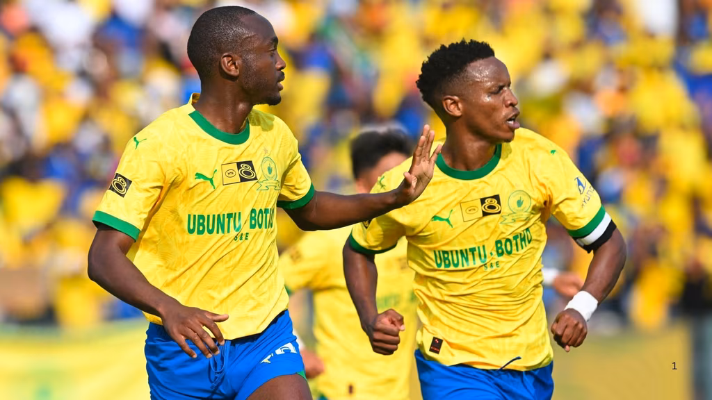 Peter Shalulile and Themba Zwane celebrate a goal.
