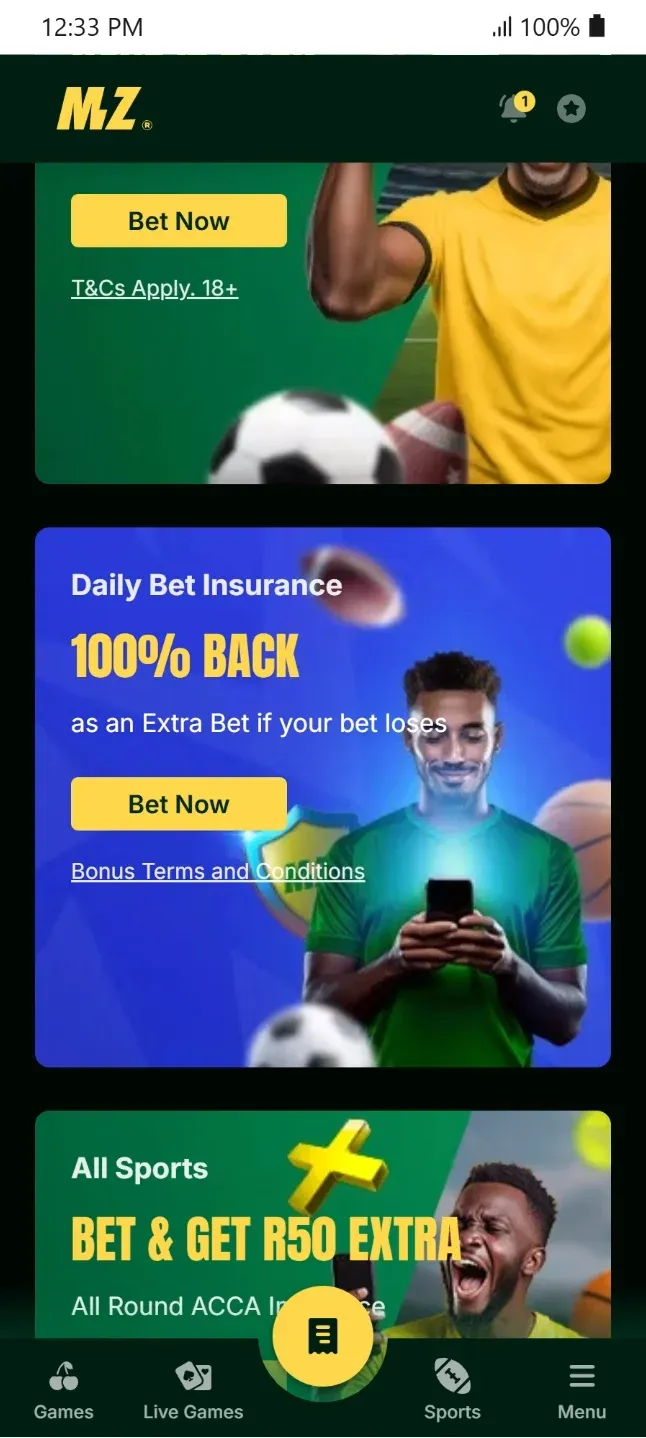 Mzansibet 100% Back Insurance banner seen in promotional page alongside ACC insurance and weekly cashback.