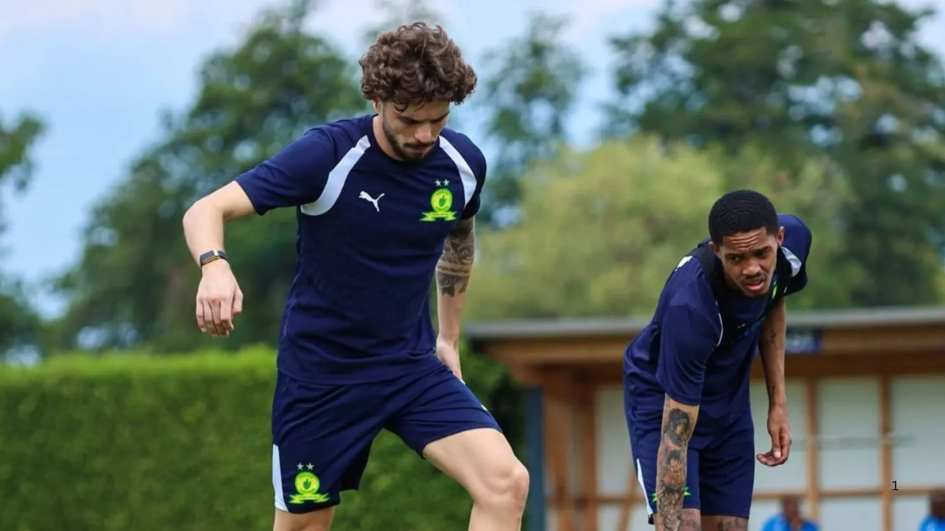 Mamelodi Sundowns new signing Antonio van Wyk (right) in training.