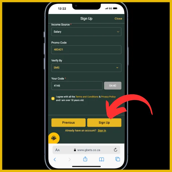 Second step in Gbets registration - red arrow pointing to Sign-Up button to complete sign up process.