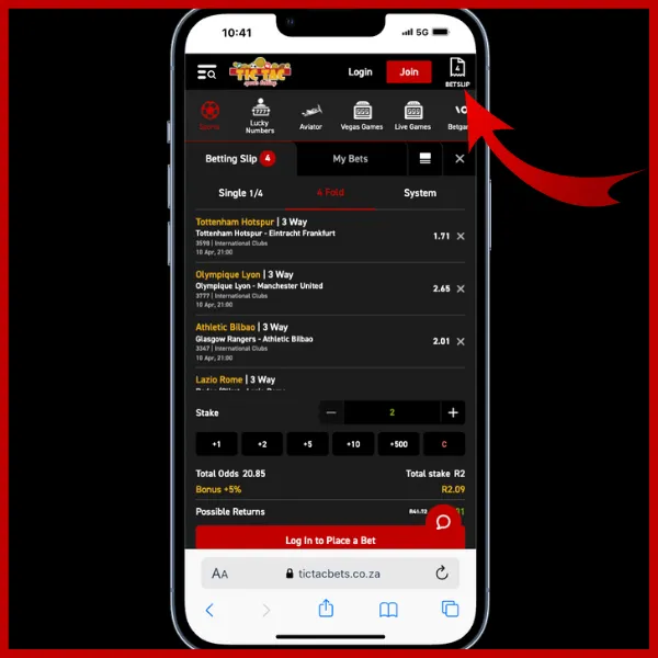 Tictacbets app red arrow pointing to the betslip in the top-right corner of the screen. 