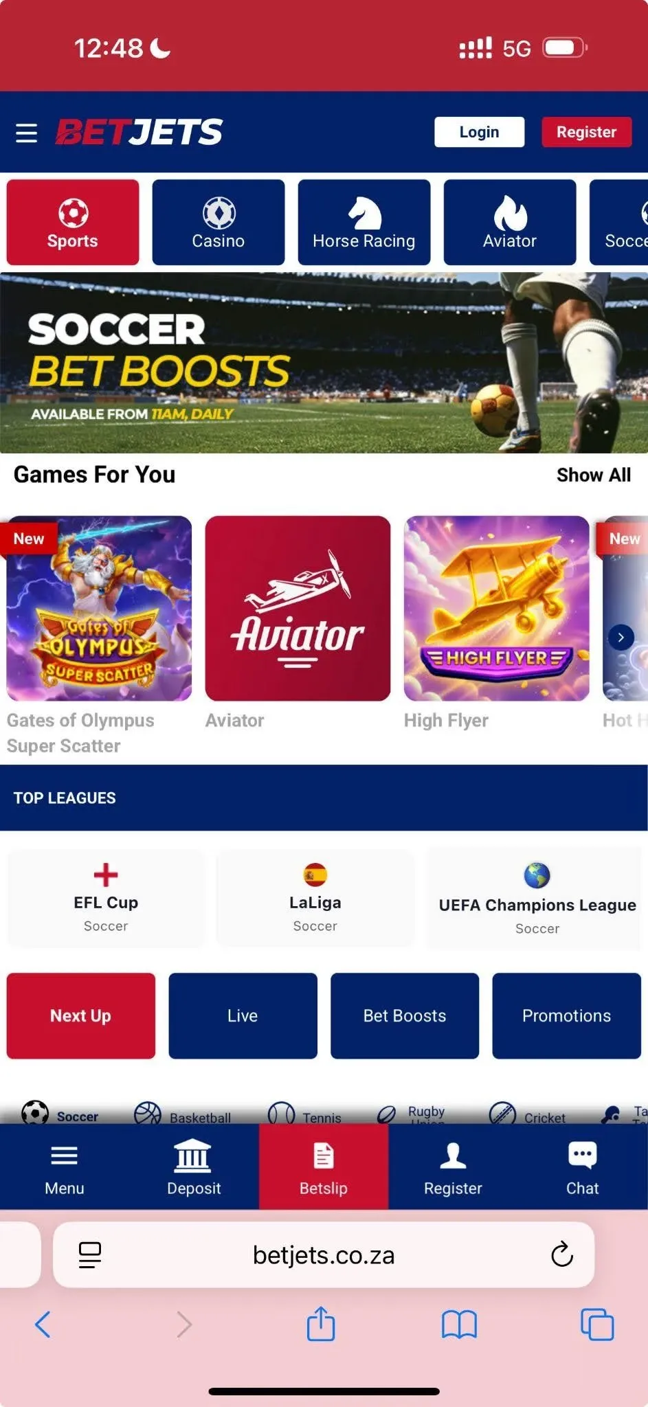 BetJets mobile homepage on the Safari browser.