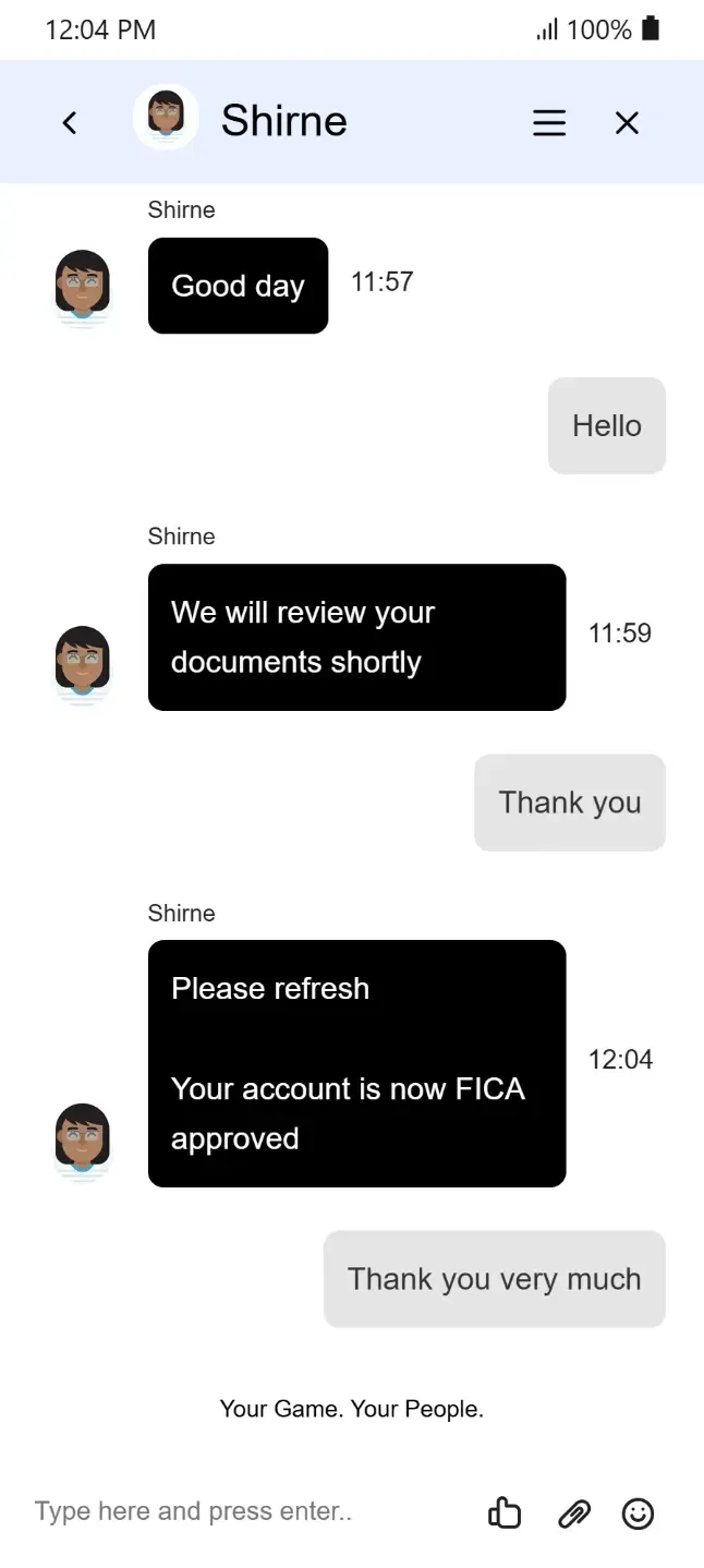 Firstbet live chat window showing support agent Shirne confirming FICA account approval at 12:04 PM.