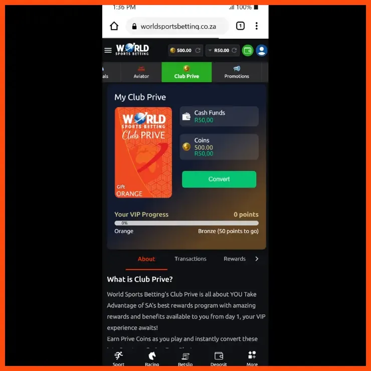 WSB Club Prive account showing R50 cash and 500 coins from the promo code.