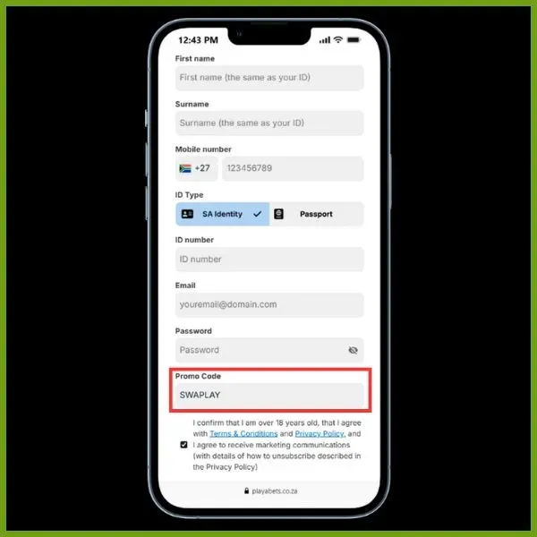 PlayaBets Sign Up Form with promo code