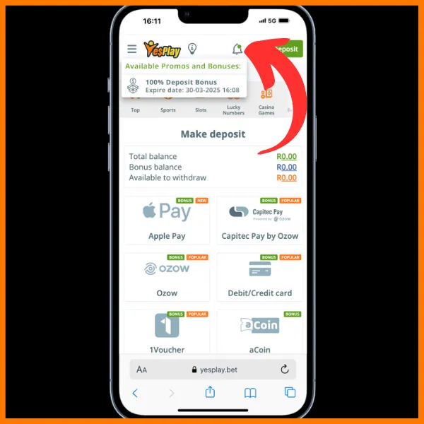The YesPlay bonus page with a red arrow pointing to the notification icon.