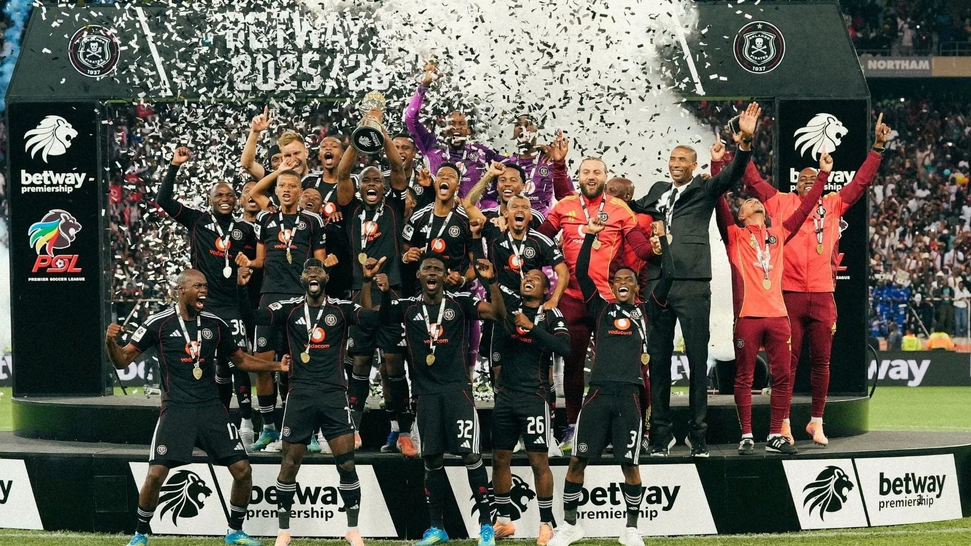 Orlando Pirates celebrate Betway Premiership title triumph.