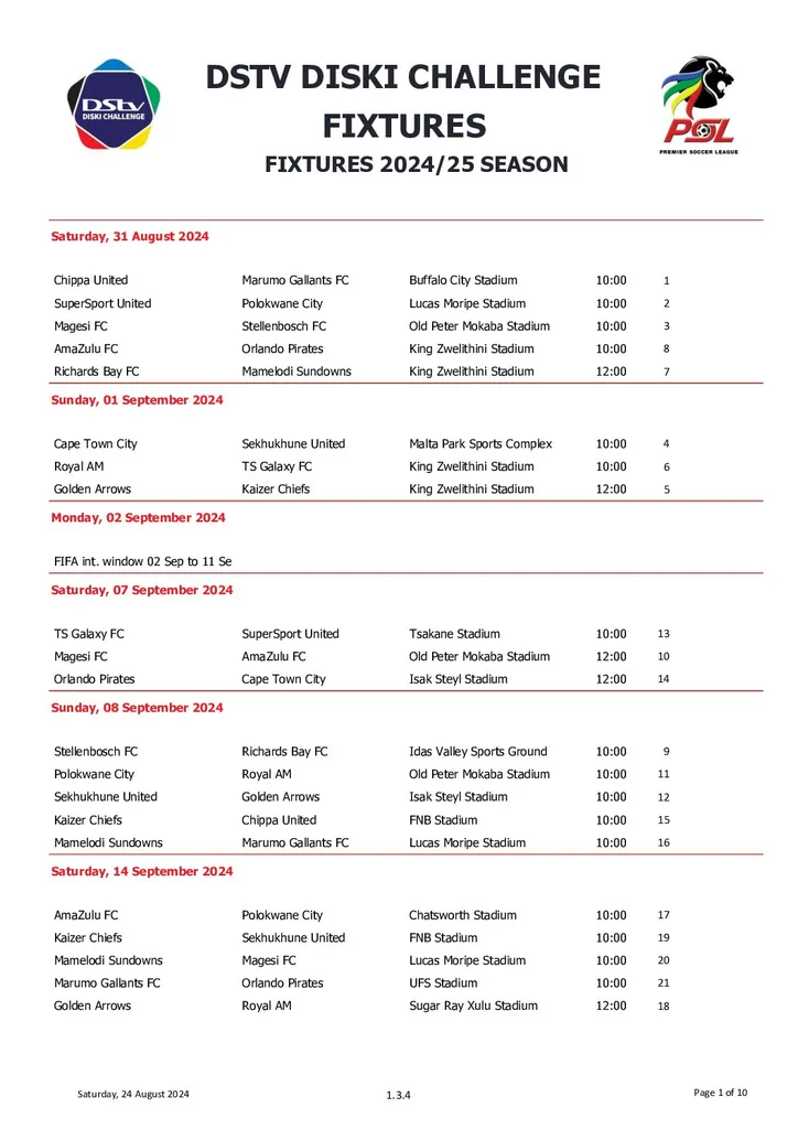 DStv Diski Challenge Fixtures 2024.2025 Season pdf