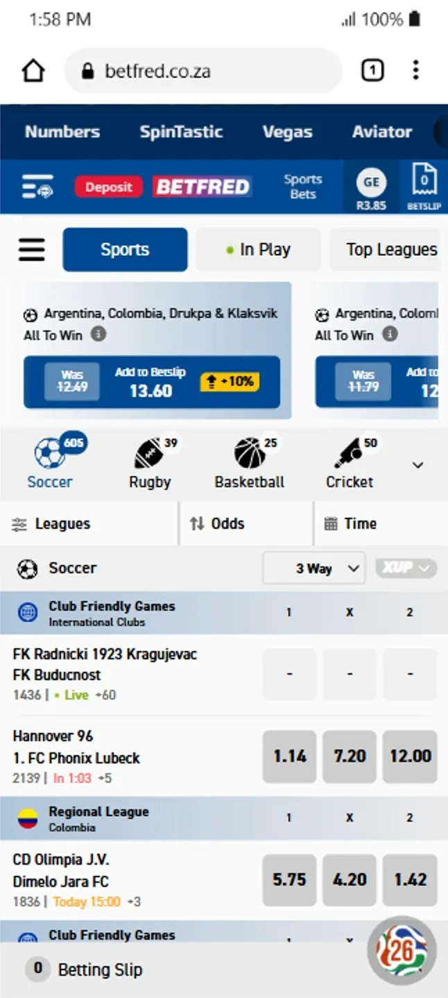 Betfred review screenshot showing the Sports section with live and upcoming matches across multiple betting markets and sports.