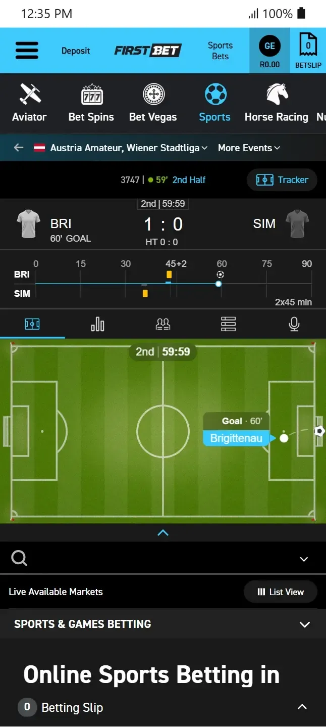 Firstbet live in-play betting screen featuring an interactive 2D pitch visualiser and match timeline tracker for an active soccer fixture.