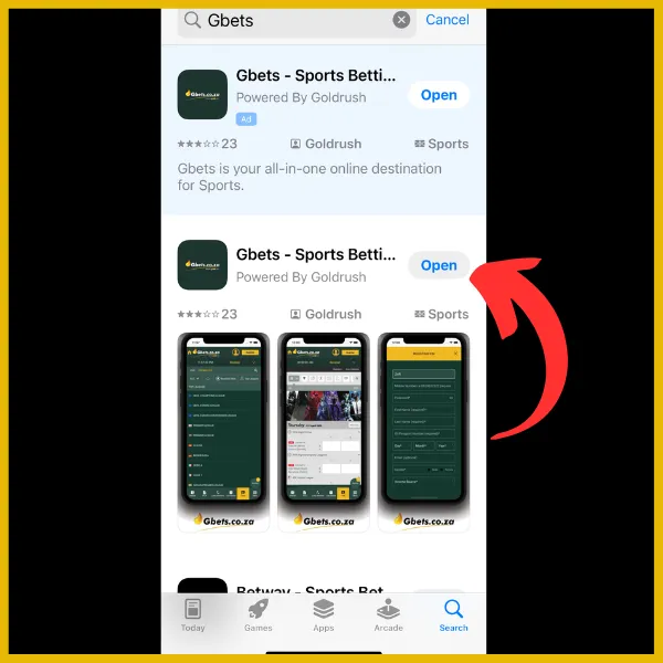Red arrow pointing to Open button after Gbets app download on iOS