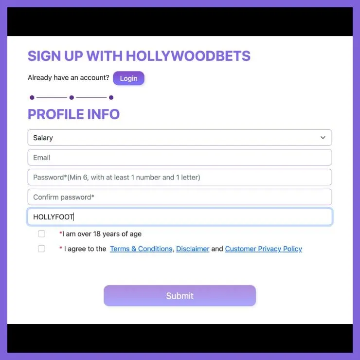 Hollywoodbets sign up form with Promo Code