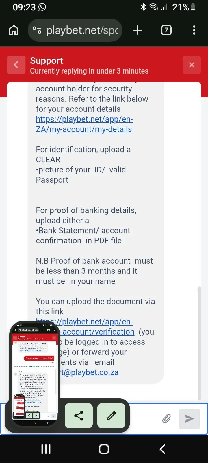 Agent response playbets live chat query asking about FICA documents.