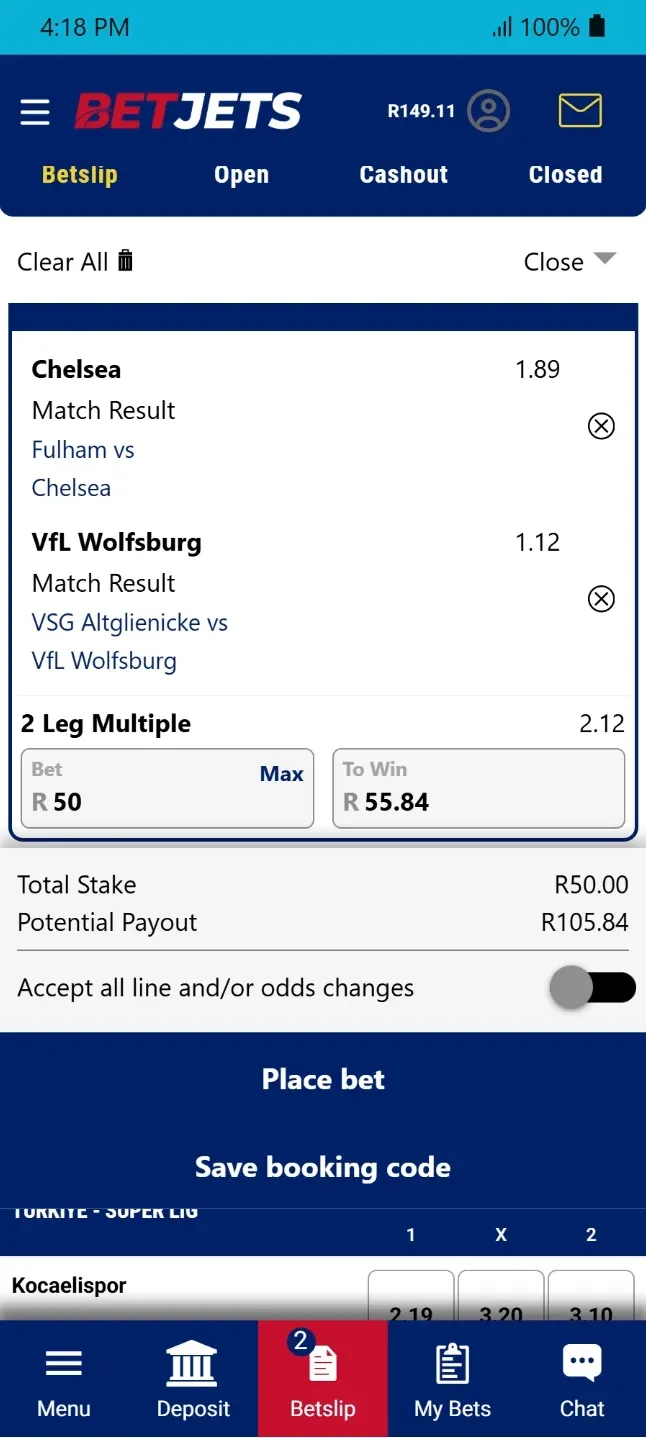 BetJets app betslip showing a 2 leg multiple.