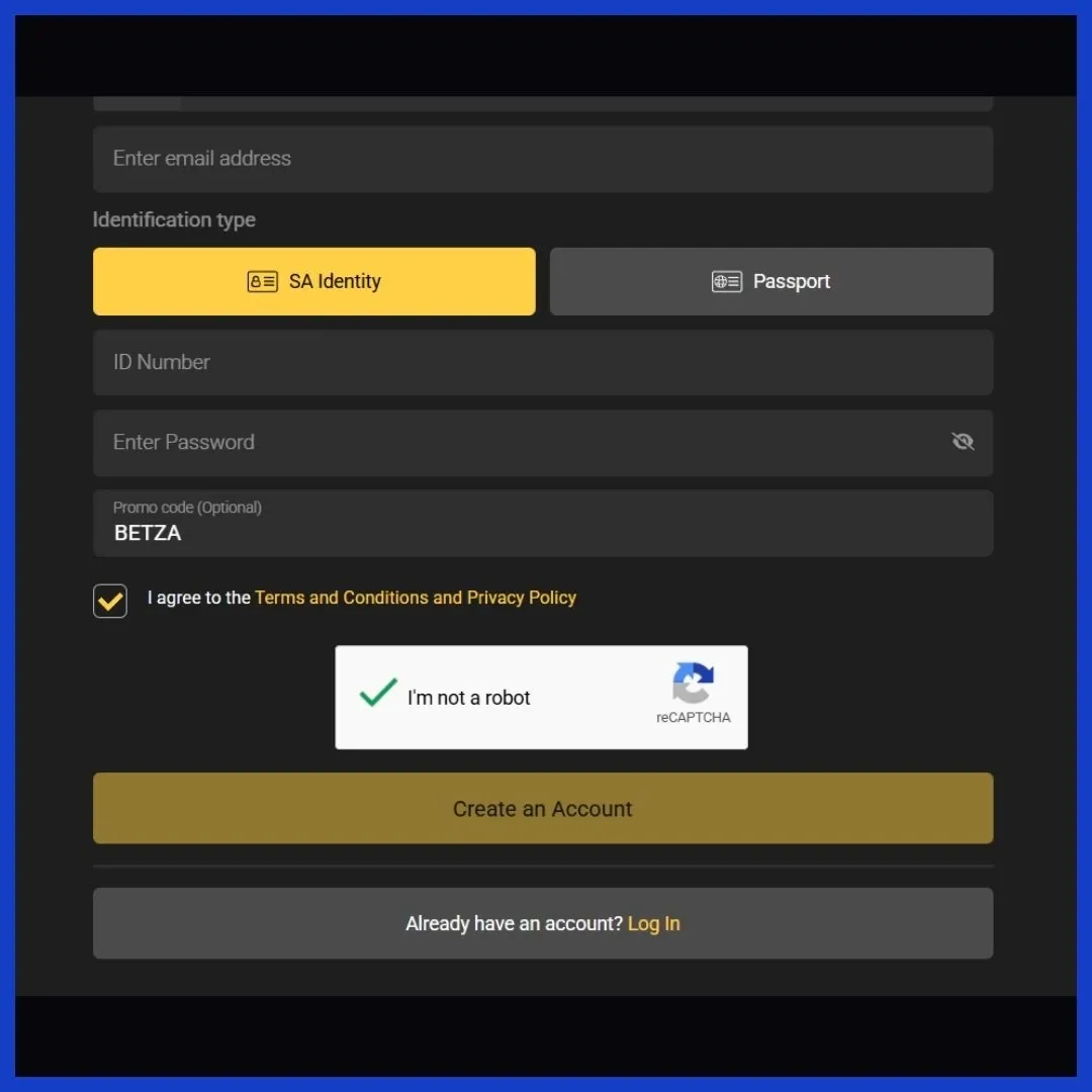 Betxchange Sign Up Step 3 asking to check the Ts&Cs and Captcha Box.