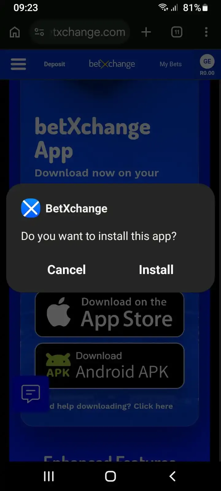Android system installation prompt asking "Do you want to install this app?" for the BetXchange APK download.