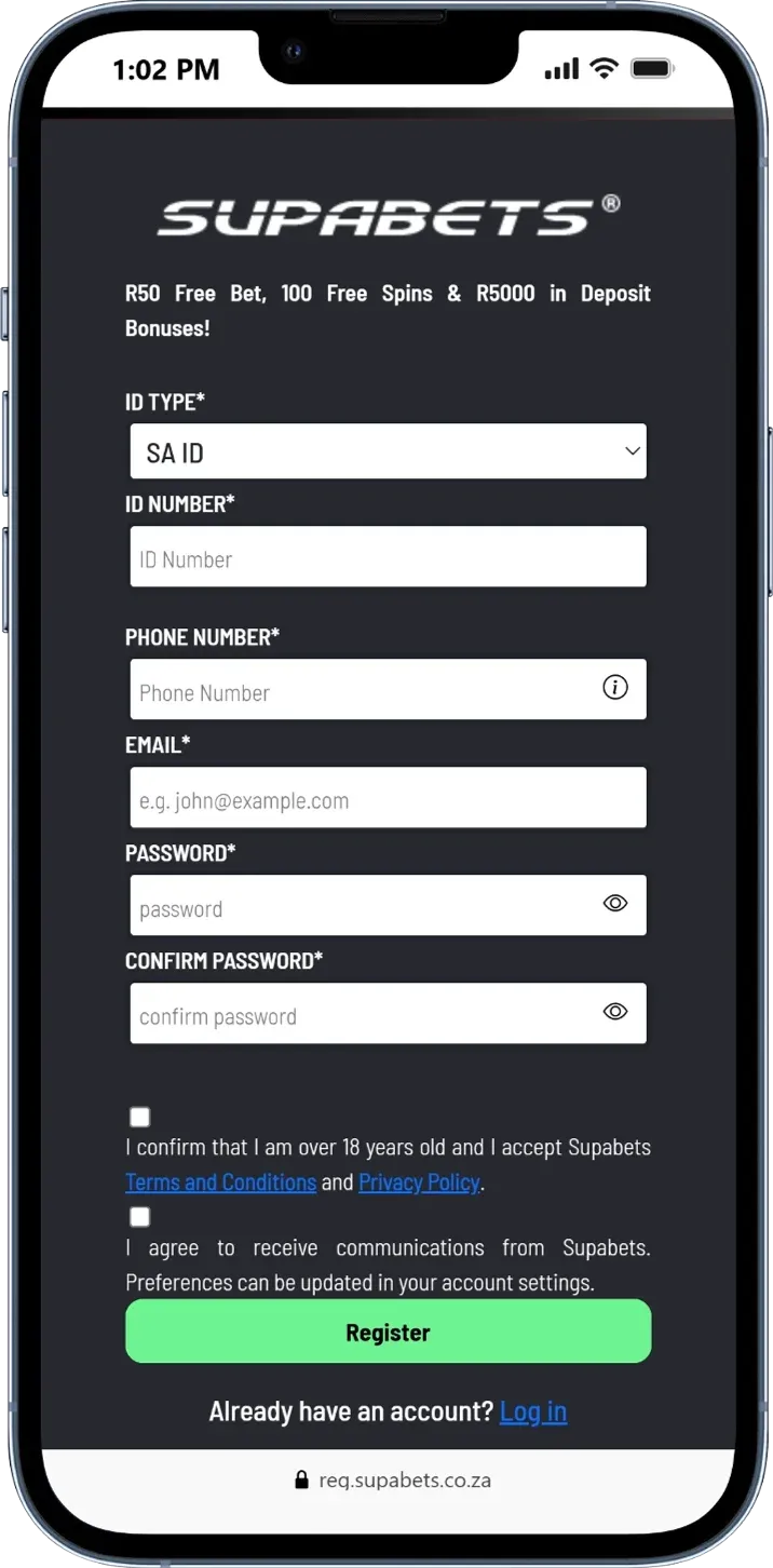 Registration form to claim Supabets R50 sign up bonus