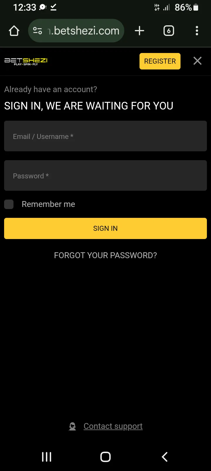 Screenshot of Sign In Page for Betshezi Review asking for Email_Username & password