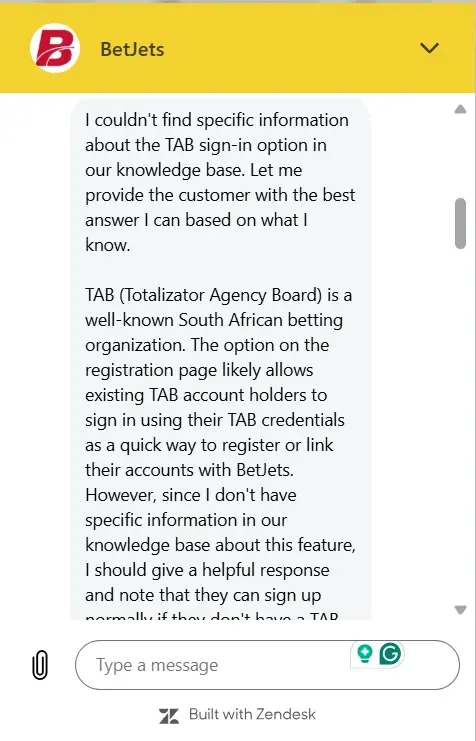 Live Chat AI bot explaining unrelated Totalizator Agency Board.