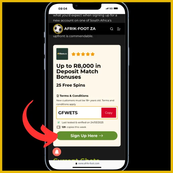 Gbets promo code GFWETS coupon with a red arrow pointing to a "sign up here" button.