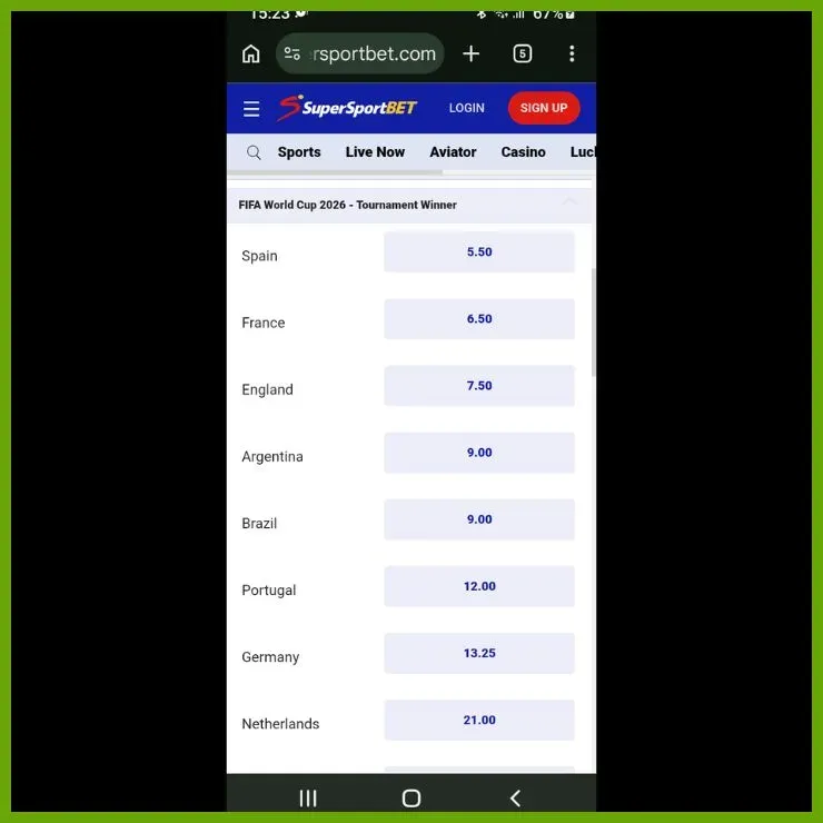 SuperSportBet outright odds for 2026 World Cup winner market, showing prices used to explain how to bet on soccer.