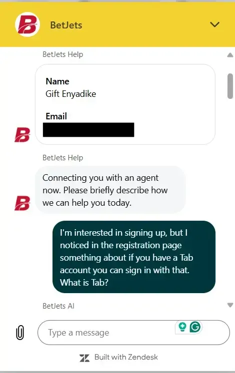 Live Chat test with contact details for BetJets, asking about what TAB is in the registration form.